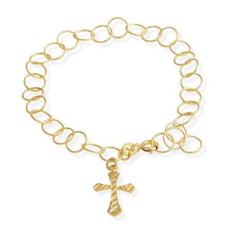 14K Yellow Gold Plated 925 Sterling Silver Cross Charm Bracelet Costume Jewelry for Women Size 7