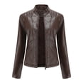 thumbnail image 2 of AZoiNM Women's Solid Textured PU Leather Jacket Stand Collar Casual Long Sleeve Coat, 2 of 15