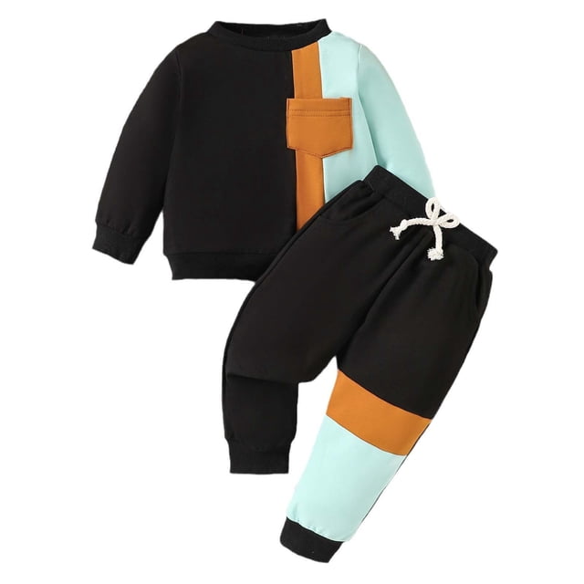 Odeerbi 6M-4Y Niños Conjuntos Sudaderas de Algodón Color Block Cuello Redondo Sudaderas Pantalón Dos Piezas Conjunto Manga Larga Cuello Redondo Top