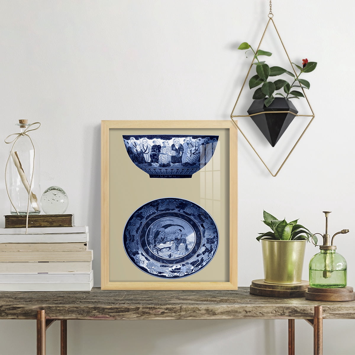 Porcelain in Blue and White II -Framed Print w/glass-Natural Wood