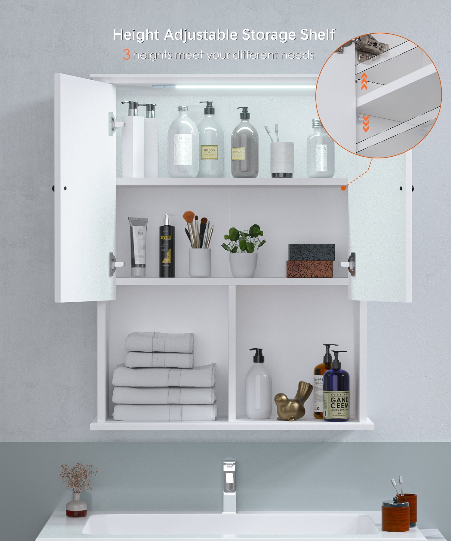 HAIOOU Bathroom Wall Cabinet with Motion Sensor LED Light, Over Toilet Storage Cabinet with Buffering Hinges and Adjustable Shelf (White)