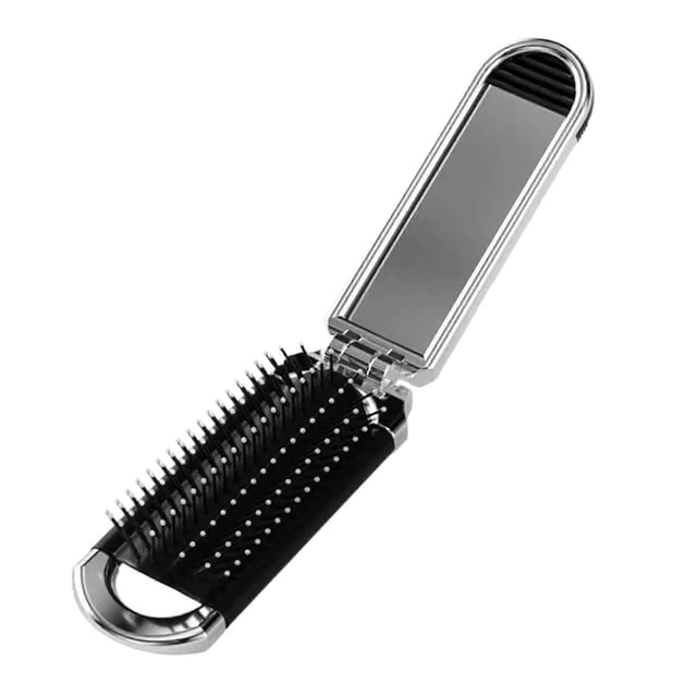 Travel Hair Brush with BuiltIn Mirror, Compact Folding Design Pocket Comb for Women and Men, Black