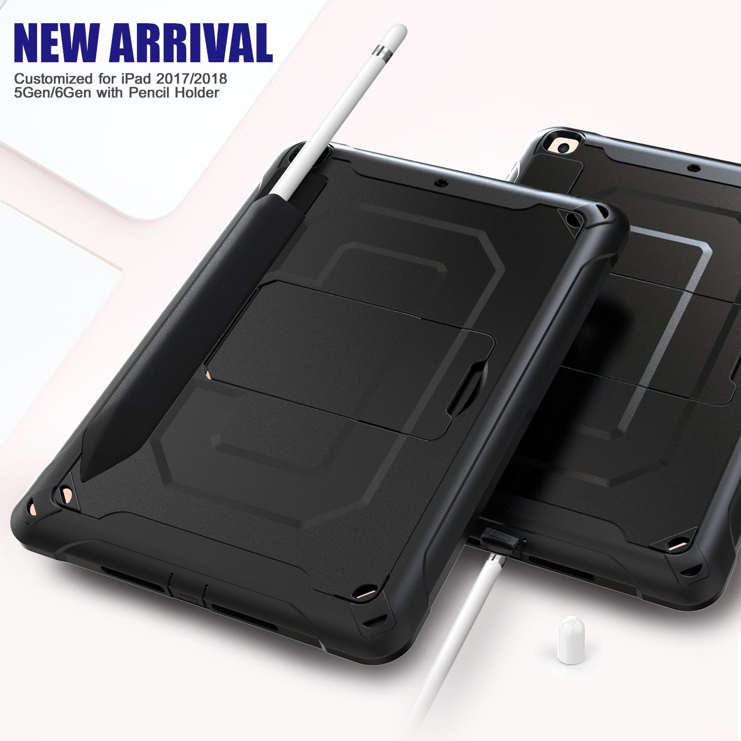 Allytech iPad Mini 1 2 3 Case for Kids, Heavy Duty Protection Pencil Holder Shockproof Anti-Scratch Bumper Multi Angle Viewing Stand Defender Back Cover Ccase for Apple iPad Mini 3 2 1,Black