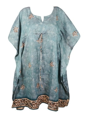 Mogul Women Light Blue Kaftan Dress Beach Coverup Printed Resortwear Loose Holiday Recycle Sari Caftan Dresses 3X
