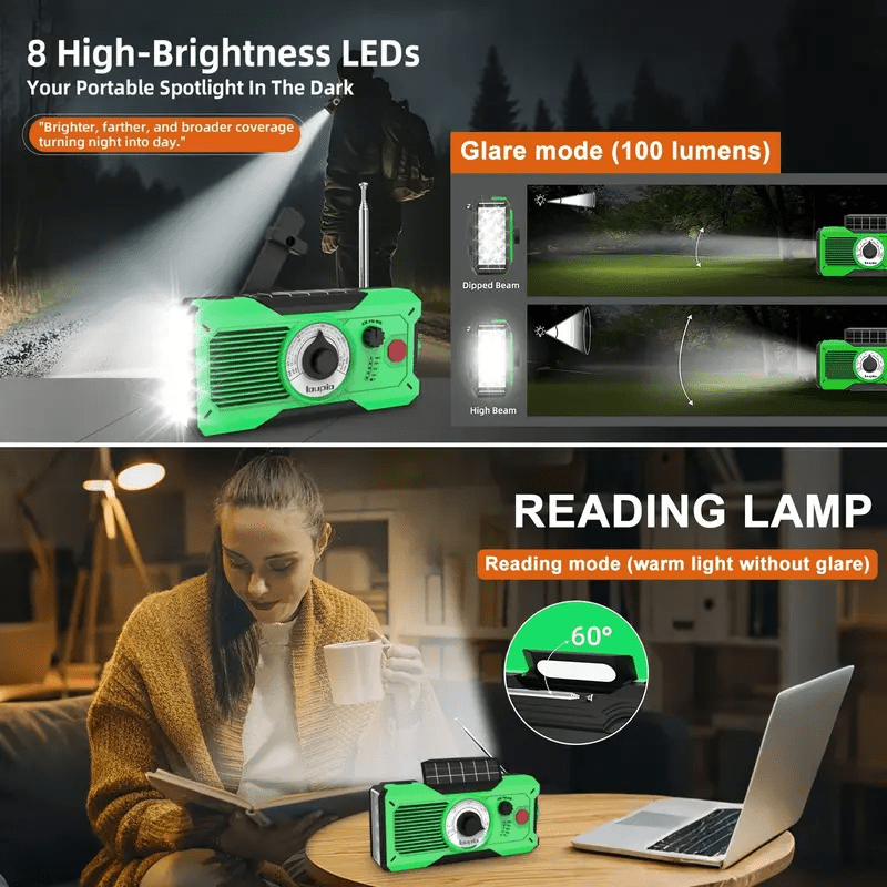 Emergency Radio, AM/FM/WB Weather Radio, 5000mAh Portable Power Bank, USB Solar Hand Crank Charging, Waterproof Flashlight, LED Reading Light, SOS Alarm, Compass, for Camping Hiking Hurricane