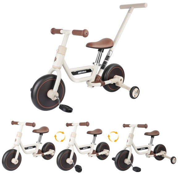 Meghna 4 in 1 Toddler Balance Bike Multi-Function for Kids with Pushbar Adjustable Handlebar Detachable Training Wheels for 18 Months -5 Years Old Toldders Boys Girls Brown