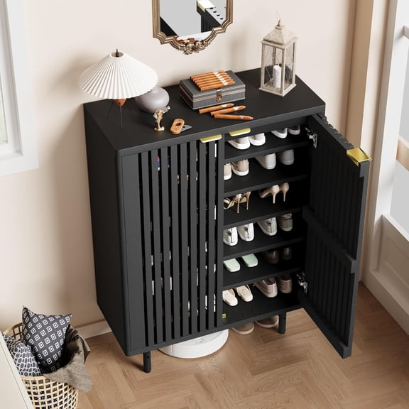 6 Tier Shoe Cabinet with Doors, Wood Shoe Storage Organizer for 24 Pairs, Modern Farmhouse Entryway/Hallway Furniture, Hidden Storage Cabinet, Black
