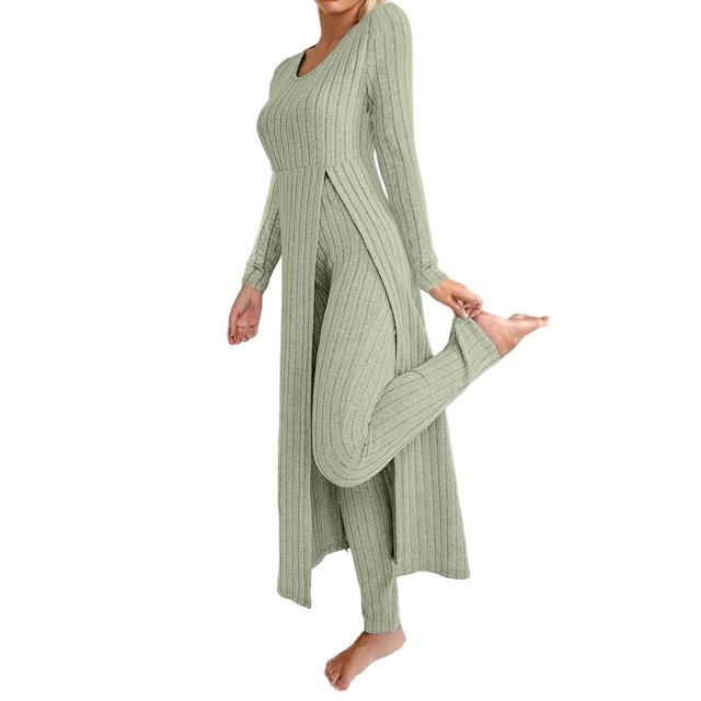 Zhanying Ensembles en Tricot Deux Pièces Femme Automne Tendance Décontracté Robe Longue à Manches Longues Col Rond Haut Fendu en Tricot Côtelé Doux et Pantalon Vert P