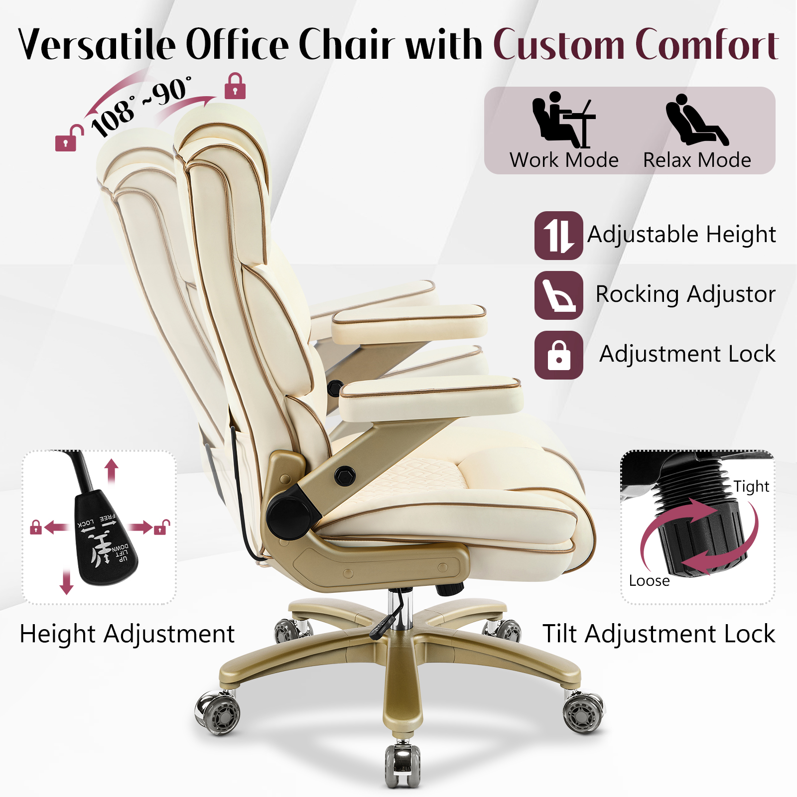 Falvinoryn Big and Tall Office Chair 500LBS, Ergonomic High Back Executive Office Chair, Adjustable Lumbar Support, Flip Arms, Locking Wheels Large Computer Desk Chair, Beige