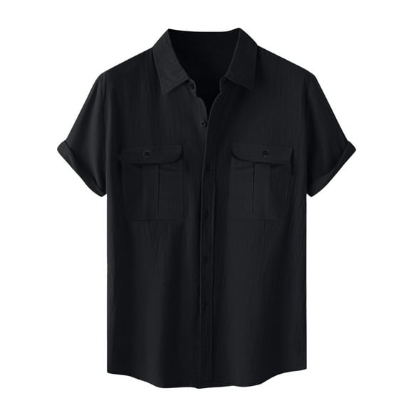 breaise Mens Big and Tall Shirts 2025 Summer Cotton Linen Casual Beach T Shirts Button Down Short Sleeve Regular Fit Tops Black XL
