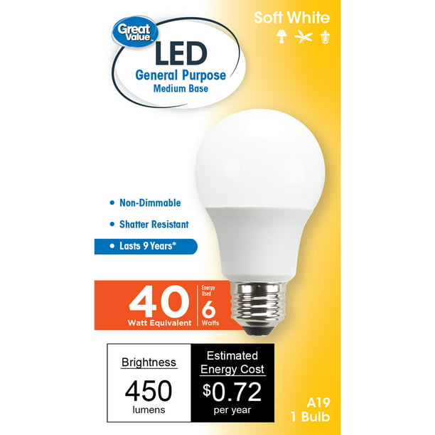 Andere plaatsen Geboorteplaats Donder Great Value LED Light Bulb, 6 Watts (40W Equivalent) A19 General Purpose  Lamp E26 Medium Base, Non-dimmable, Soft White, 1-Pack - Walmart.com