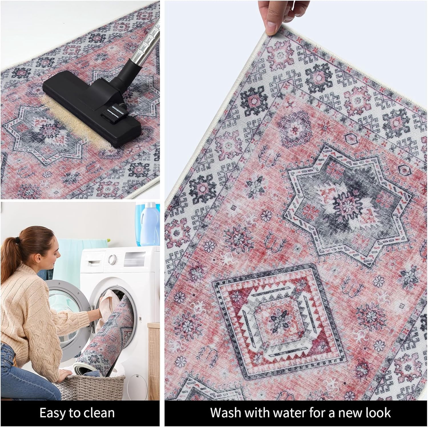 Kitchen Rugs Sets of 3 Non Slip Washable Kitchen Mats for Floor 3 Piece Set Pink Kitchen Mat Set Boho Runner Rug Carpets for Kitchen Hallway Sink Front Door Laundry Room