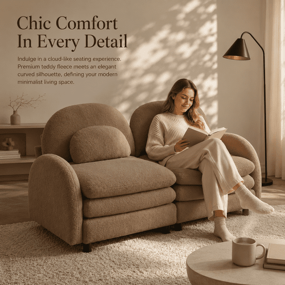 Teddy Fleece Loveseat Sofa with Lumbar Pillows, Camel 2-Seater Couch