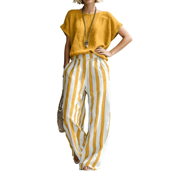 Textilo Two-Piece Set for Women Cotton Linen Striped Shirt and Pants Set Short Sleeve Wide Leg Sets Loose-Fit Summer Travel Vacation Fashion Outfits Tracksuit,Yellow XL