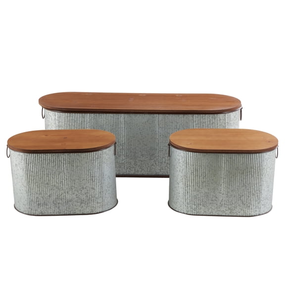DecMode Metal Storage Bench with Brown Wood Top, Gray, Set of 3