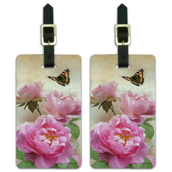 Pink Roses and Butterly Luggage ID Tags Suitcase Carry-On Cards - Set of 2