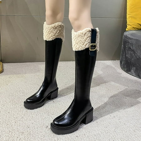 

Christmas Gift AnuYaluePlatform Go-Go Boots for Women Knee High Boots Round Toe Fall Boots Chunky Block Heel Side Zipper Snow Boots Winter Riding Boots with Zipper