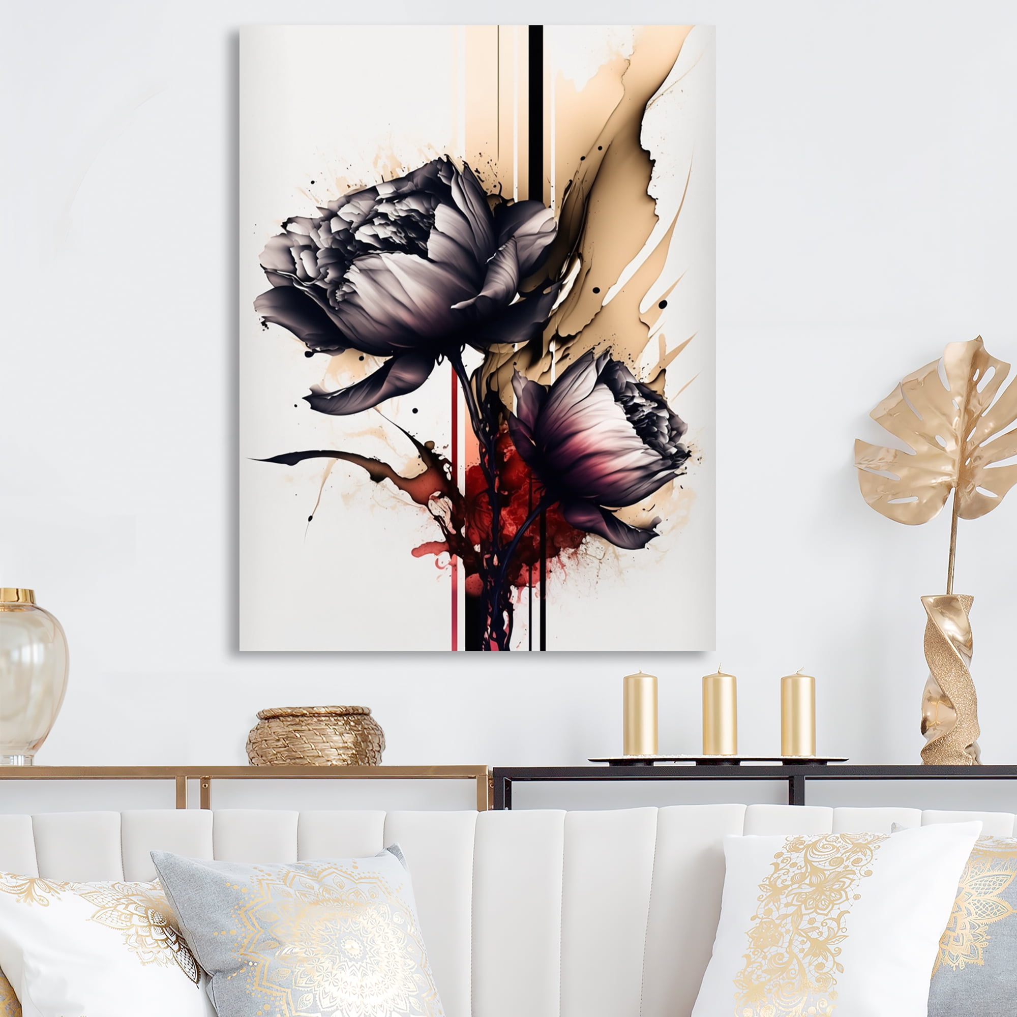 Designart Red Peony Flower On Abstract Paint I Canvas Wall Art