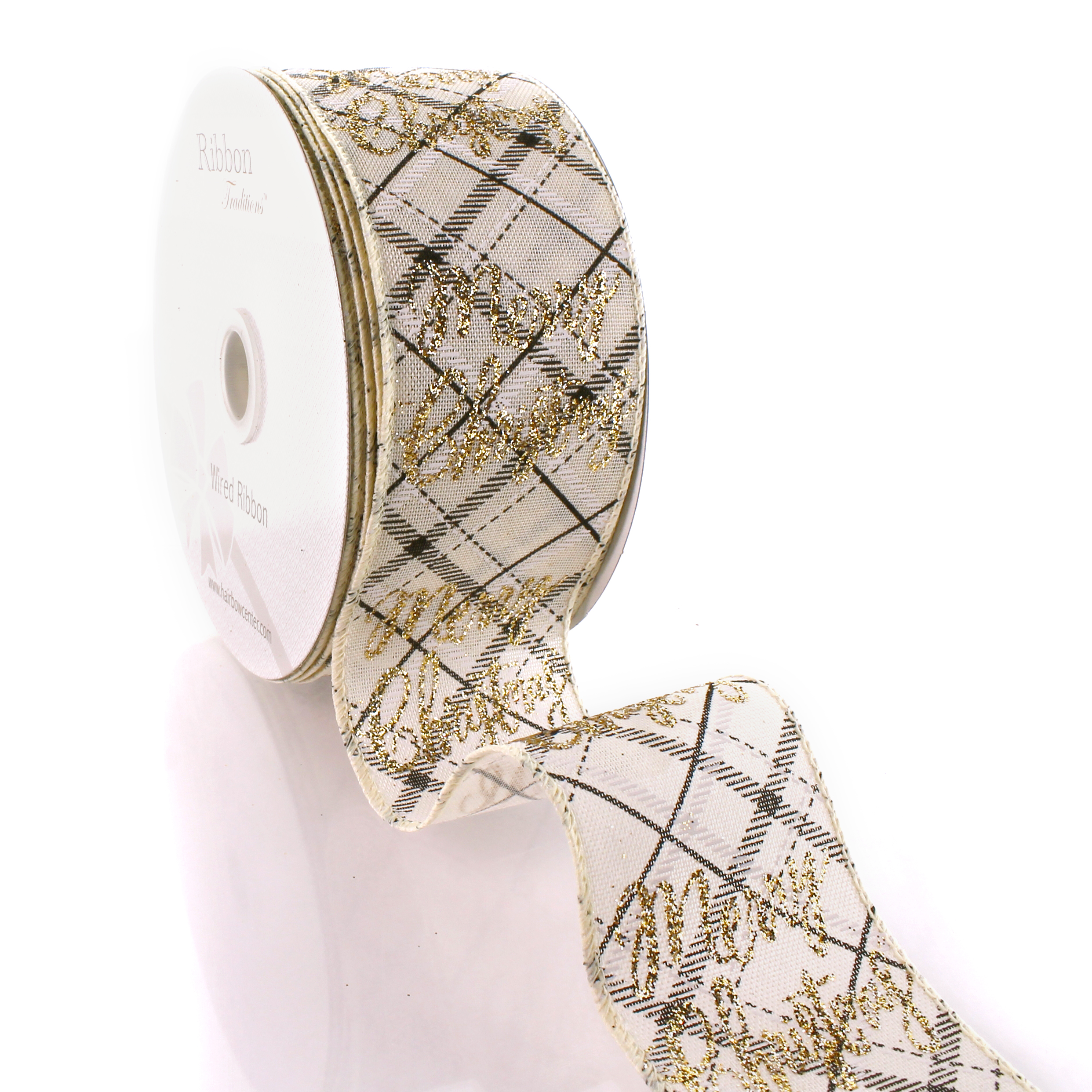 2 1/2" Wired Ribbon Merry Christmas Text Black Plaid 25yds