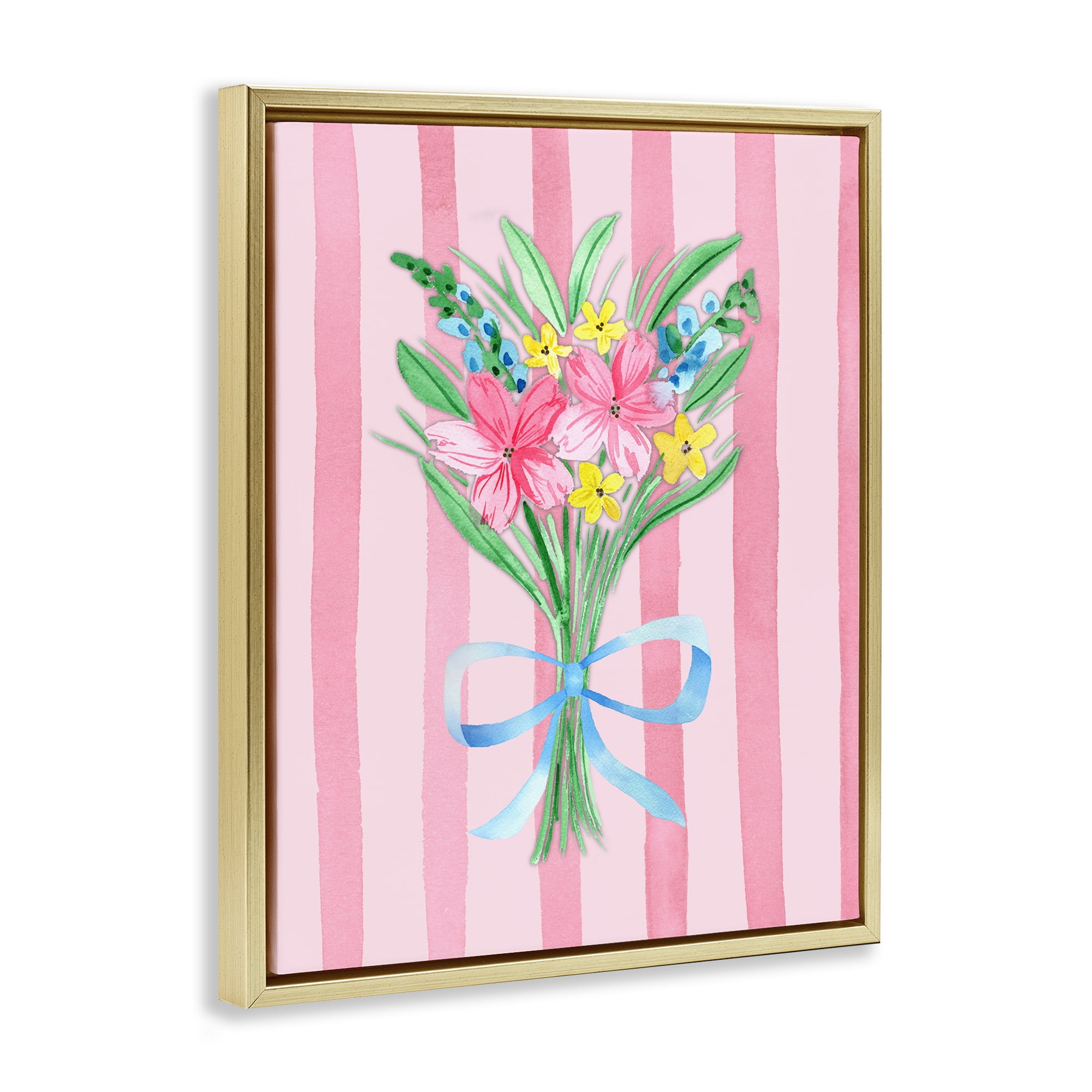 Spring Bouquet Pink & Blue Gold Framed Floater Canvas Wall Art, design by Nina Jacobs