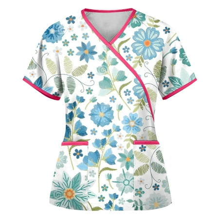 

QAZXD Plus Size Tops For Women Women Scrubs Top Women s Working Uniform Nursing Uniform With Two Pockets Short Sleeve V-Neck Printed Blouse S