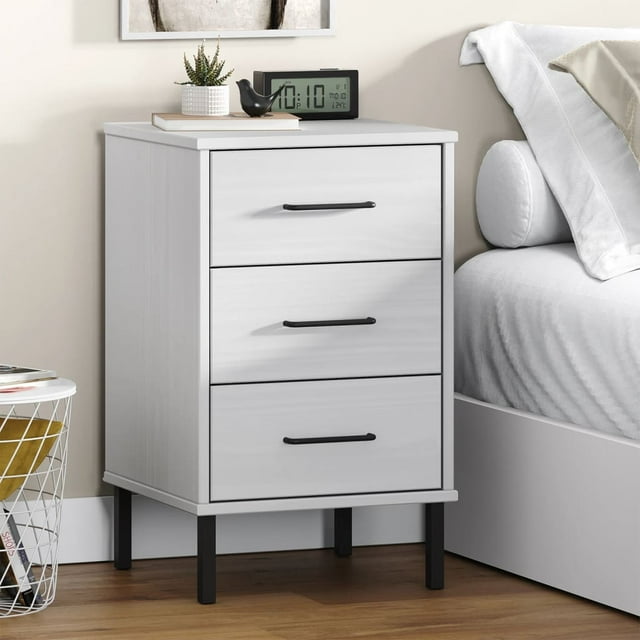 vidaXL Table de Chevet avec Pieds en Métal Blanc Bois Massif Pin OSLO