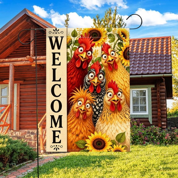 Funny Big Eye Chickens Garden Flag Sunflower Welcome Print, Double Sided 12x18 Inch Outdoor Decor for Patio Yard Garden Party