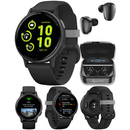 Garmin Vivoactive 5 Health and Fitness GPS Smartwatch, 1.2 in AMOLED Display, Up to 11 Days of Battery, Slate Aluminim Bezel with Black Case and Silicone Band with Wearable4U Black EarBuds Bundle