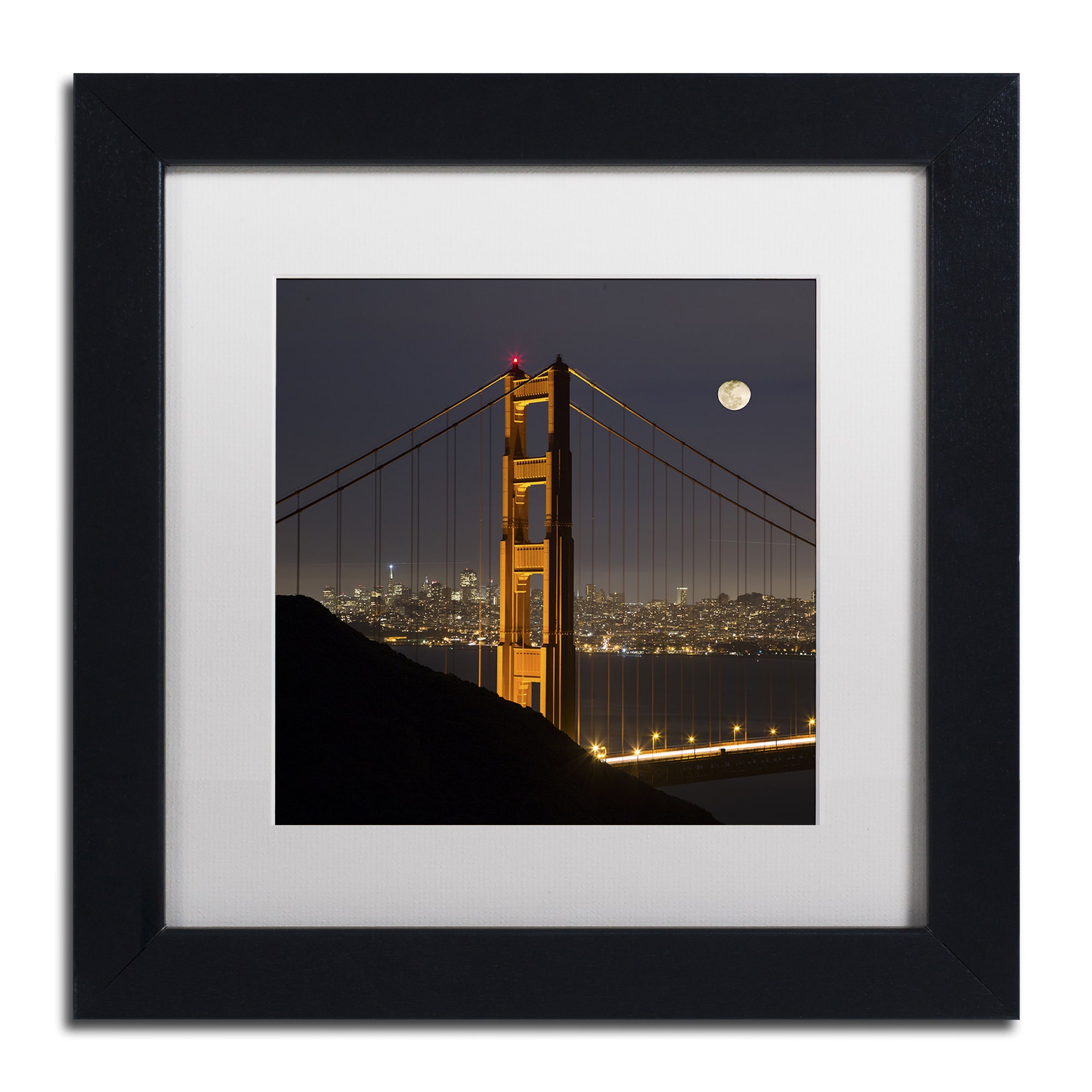 Trademark Fine Art "Golden Gate and Moon" Canvas Art by Moises Levy White Matte, Black Frame