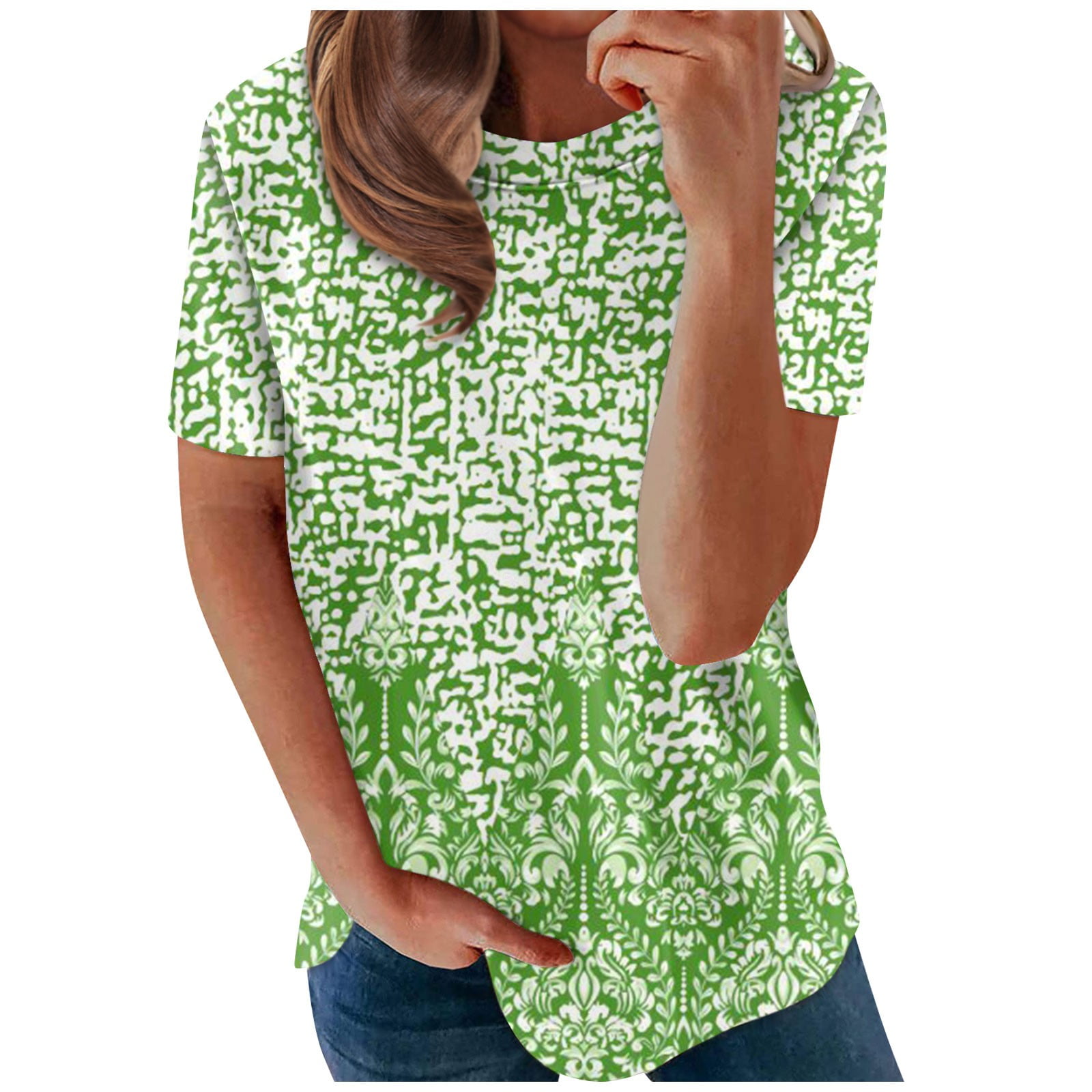 Flash Sale！ HIMIWAY Womens Tops Women's Tshirt Floral Print Round Neck Short Sleeved Top Green
