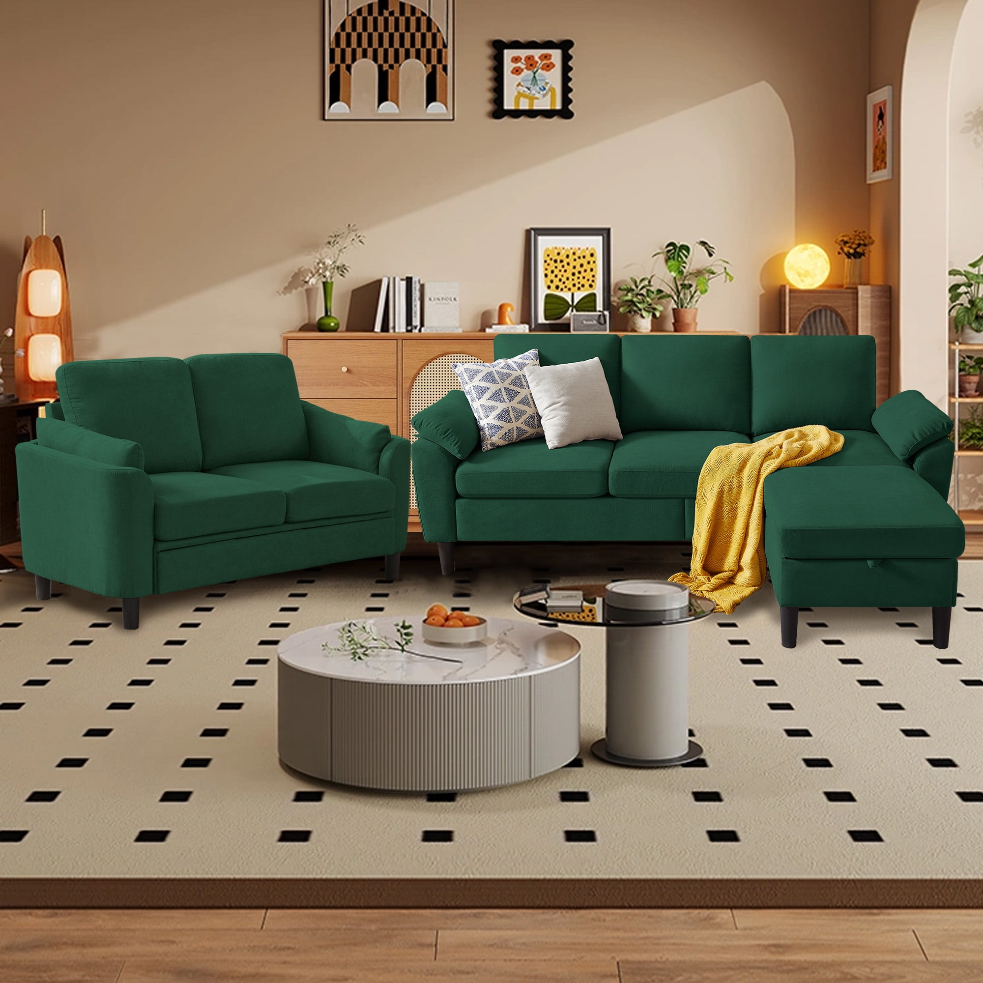 Pingliang Home Sectional Sofa Couch with Storage Ottoman and Loveseat,Modern 5 Seater Sofa Couch Set,L Shaped Couch with Footstool for Living Room Apartment Studio Office,Green