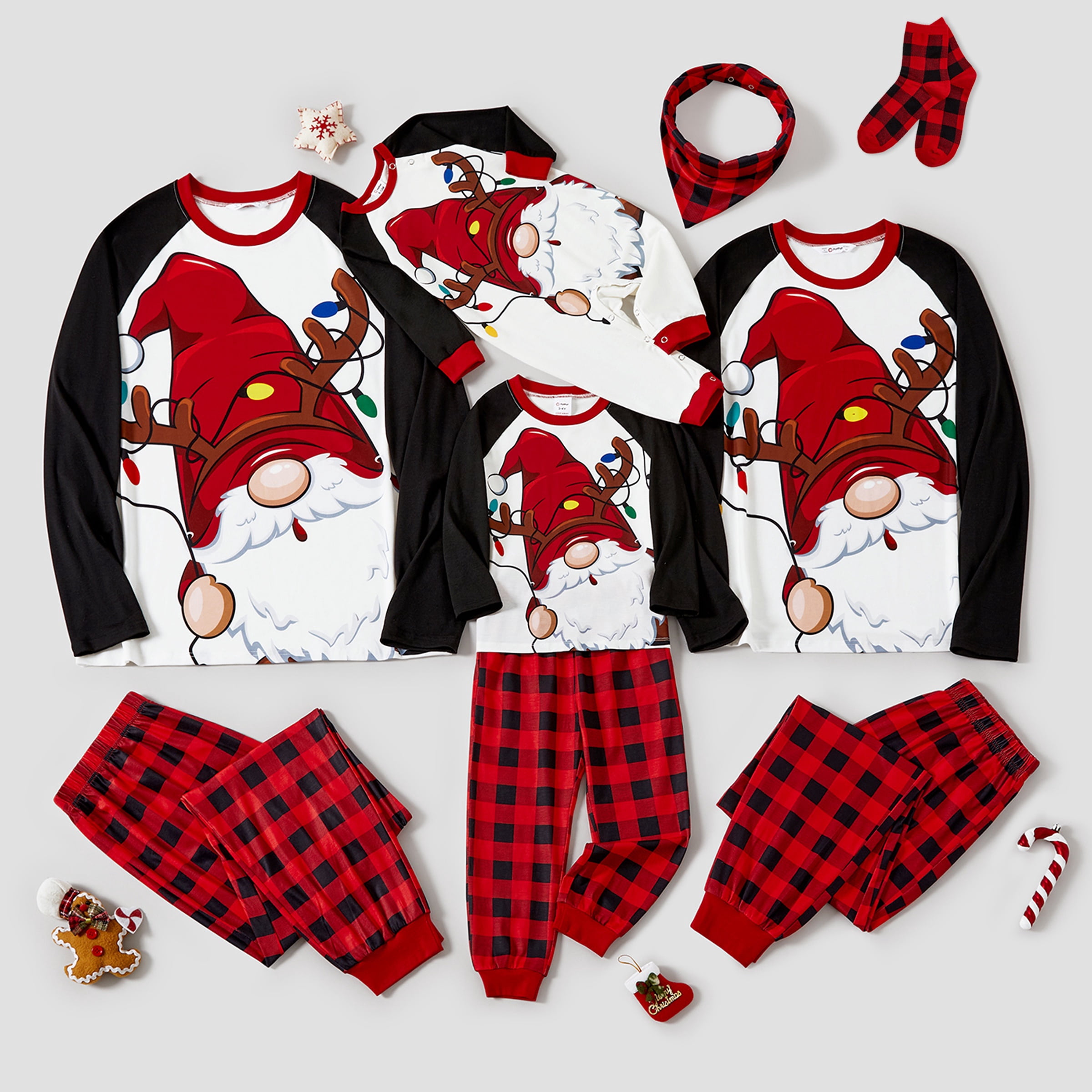 PatPat Womens Christmas Pajamas Family Matching 2 Piece Set Long Sleeve Santas Top and Red Plaid Pants Loungewear Set Holiday Gift PJs with Socks Women M