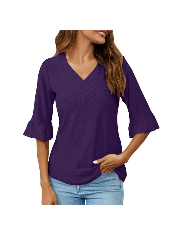 Eyelet Tops for Women V Neck Ruffle Flare 3/4 Sleeve Shirts Fall Dressy Casual Tunic Tops
