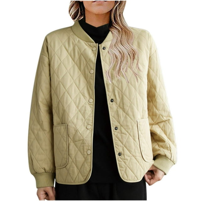 Yuyuzo 2023 Womens Quilted Jacket Long Sleeve Open Front Button Cotton Coats with Pockets Fall Solid Color Outwear
