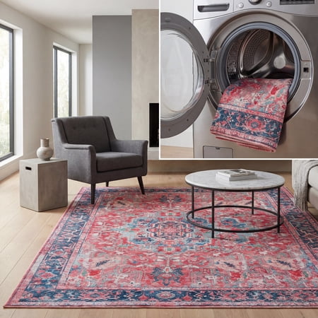 SAFAVIEH Serapi Mia Oriental Machine Washable Area Rug, Navy/Red, 9' x 12'