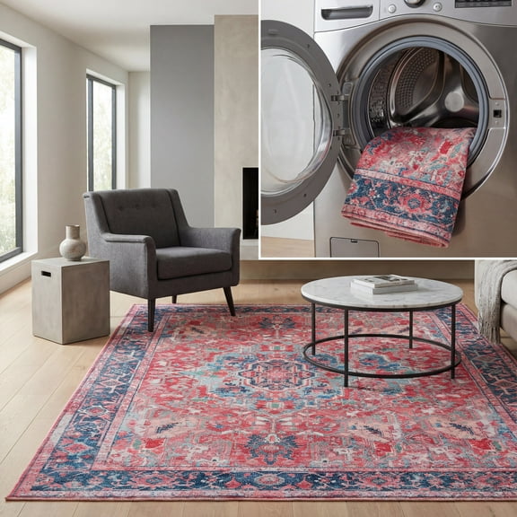 SAFAVIEH Serapi Mia Oriental Machine Washable Area Rug, Navy/Red, 6'7" x 6'7" Square