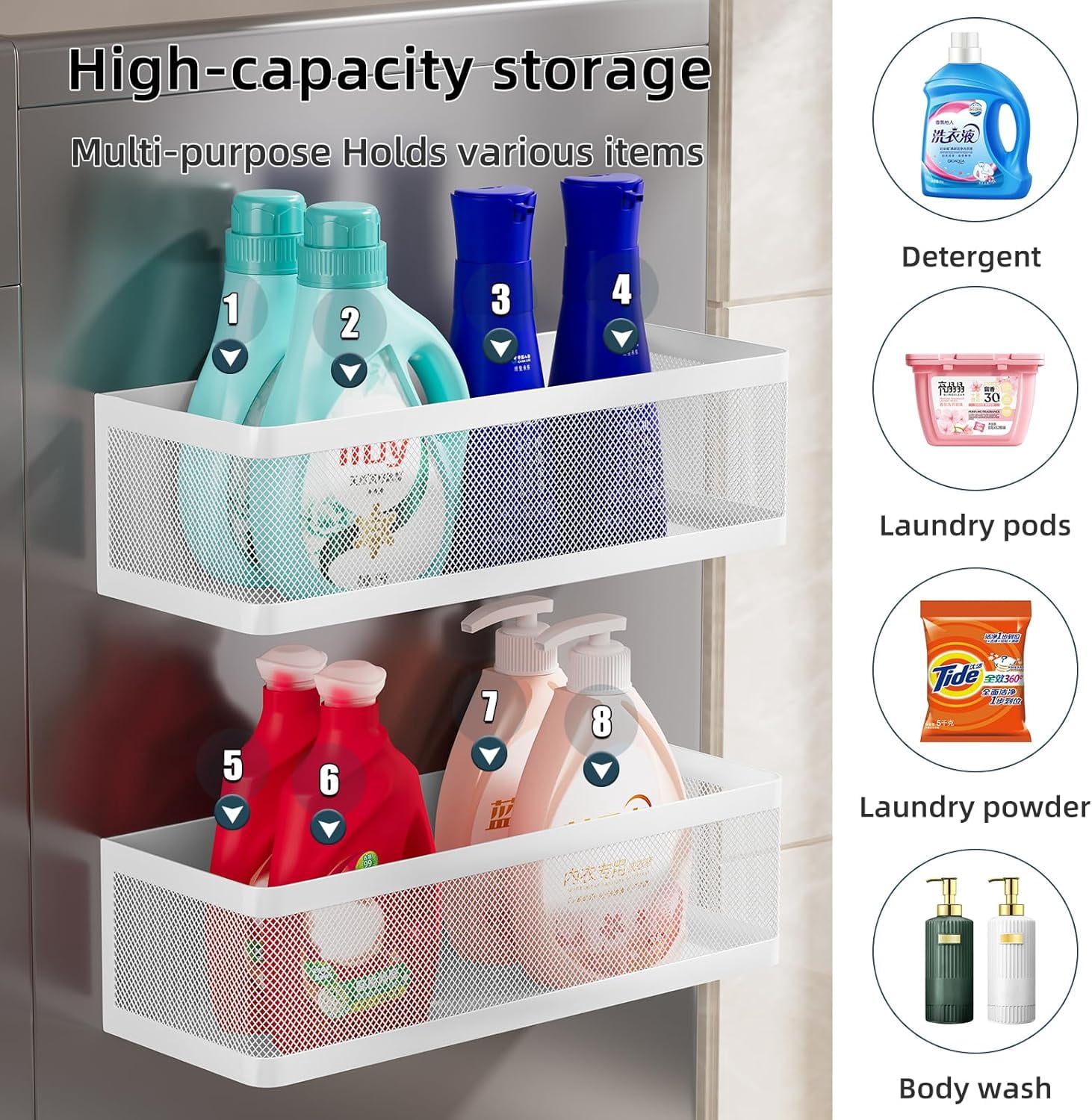 2 Pack Magnetic Shelves for Washing Machine, White Metal Storage Baskets Organizer