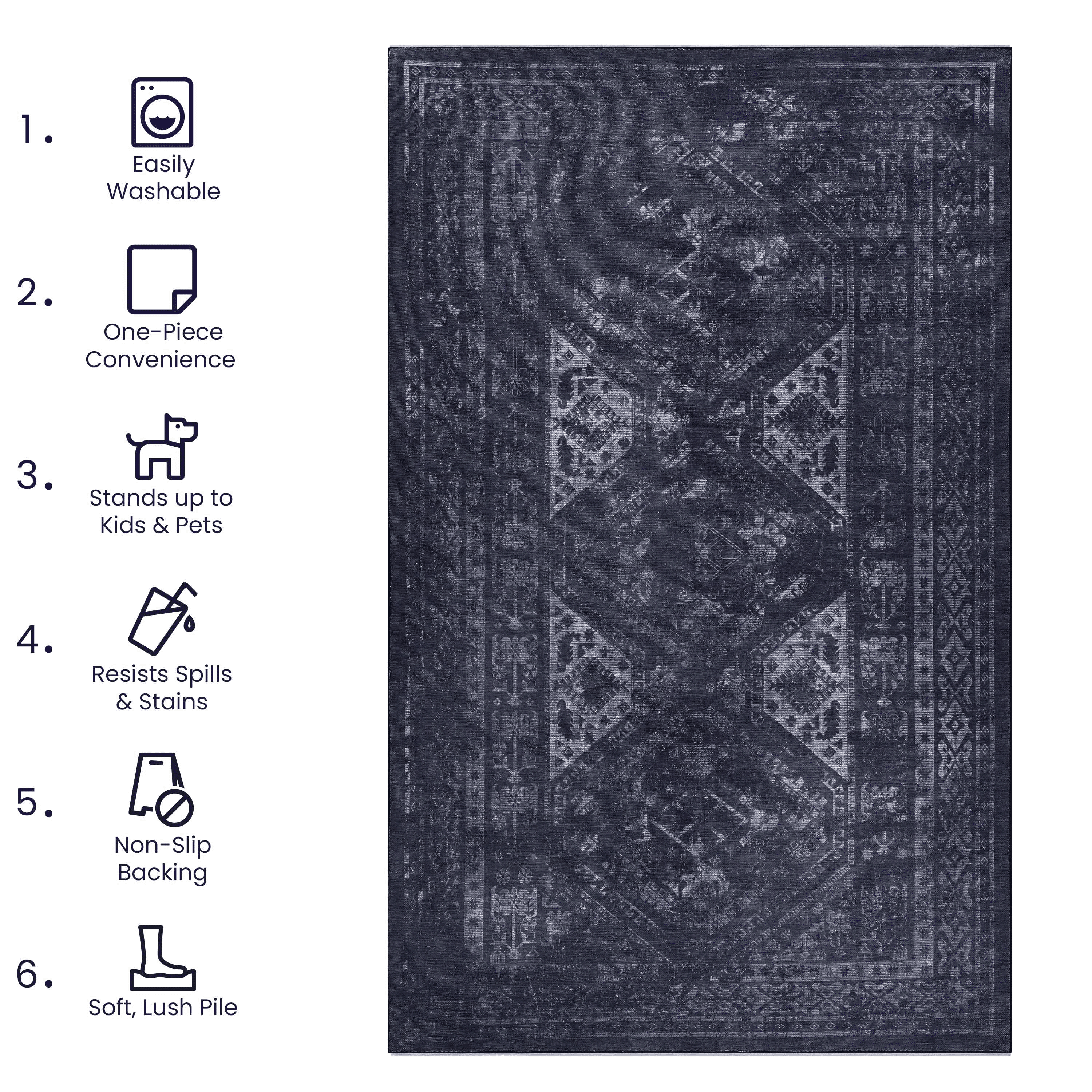 Naar Maval 2X8 Area Rug, Black/Gray Oriental, Machine Washable Rugs for Living Room, Non-Slip, Non-Shedding and Foldable Rugs