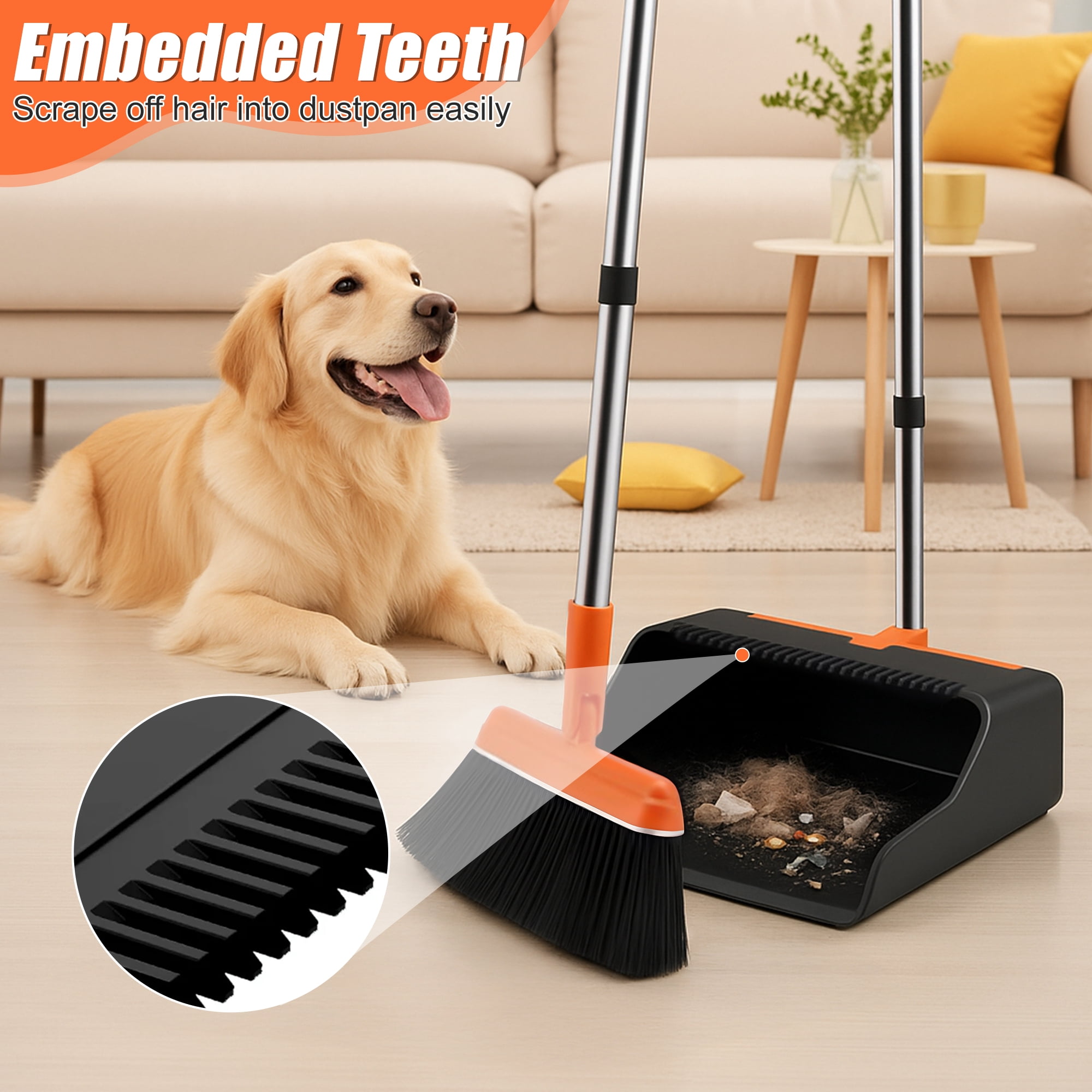 CISILOV Broom and Dustpan Combo Set with Extendable Long Handle up to 51.2", Self-Cleaning Dustpan Teeth for Pet Hair, Upright Standing Brooms for Sweeping Indoor/Outdoor/Home/Office