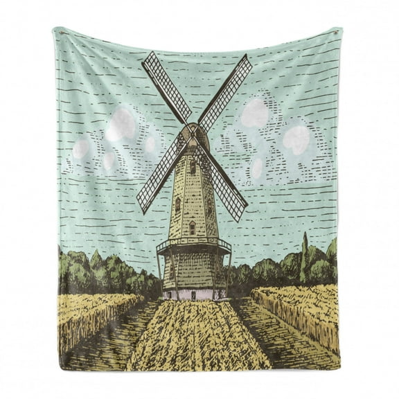 Dutch Soft Flannel Fleece Blanket, Hand Drawn Style Windmill in a Farmland and Forest Vintage Agriculture Themed Image, Cozy Plush for Indoor and Outdoor Use, 50" x 60", Multicolor, by Ambesonne