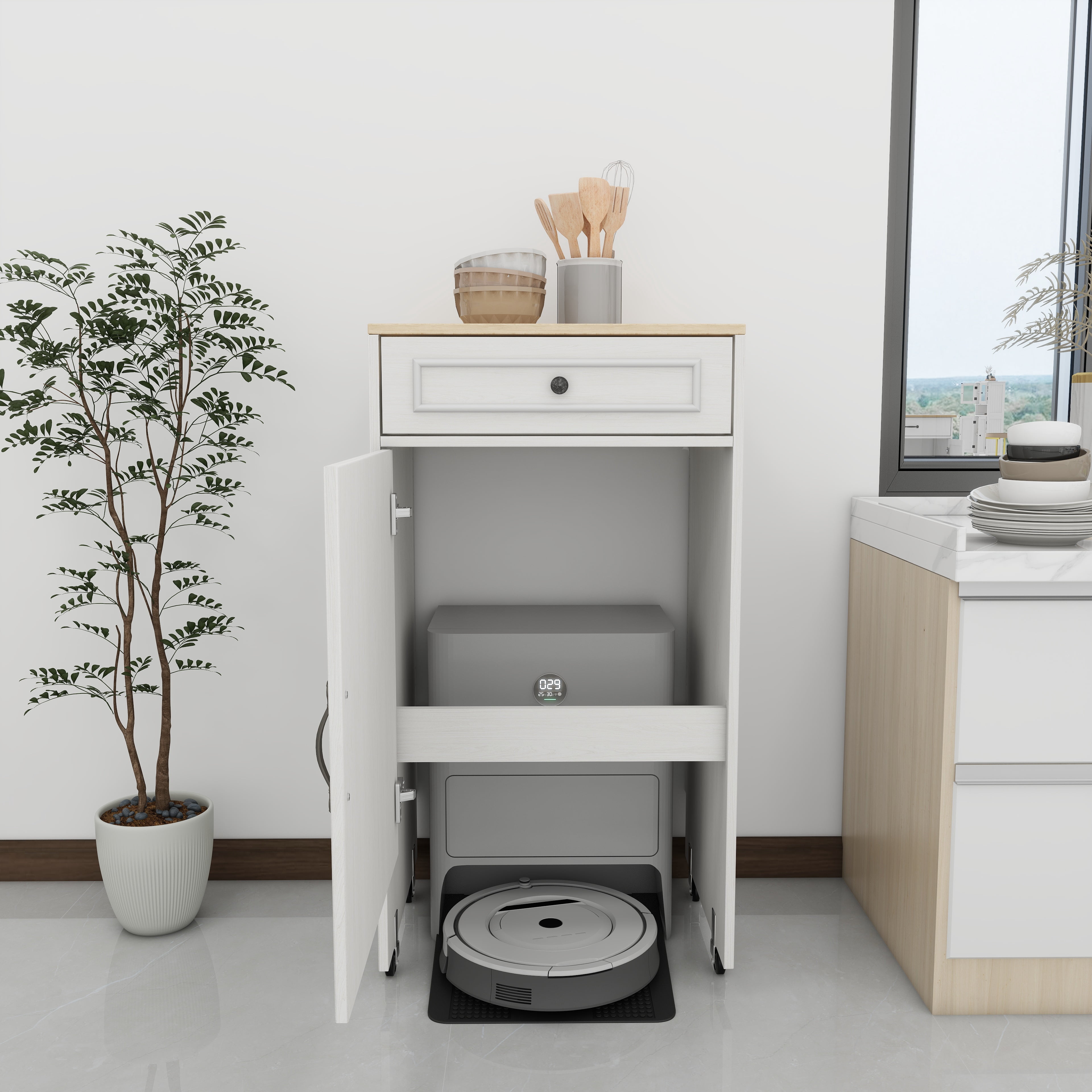 Mintazer Robot Vacuum Storage Cabinet with Wheels, Narrow Side Cabinet with Drawer & Adjustable Shelf, Rolling Robot Vacuum Stand for Living Room Hallway Kitchen, Antique White