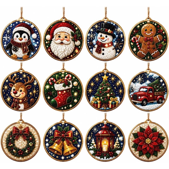 VOUKER 12 PCS Christmas Pearl Diamond Art Ornament Kit, 5D DIY Hanging Decor with Santa Snowman Reindeer Designs for Tree Wreath