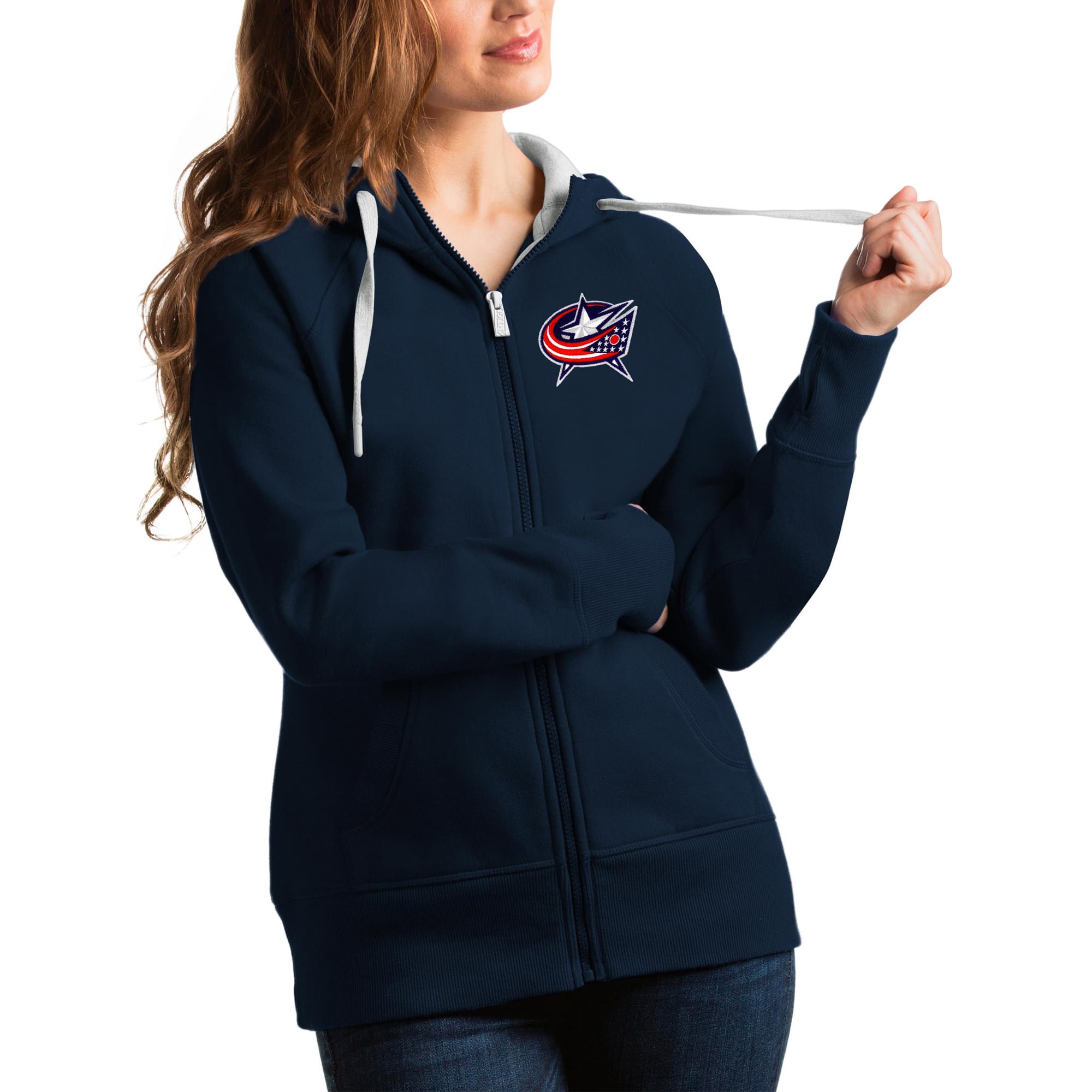 Women's Antigua Navy Columbus Blue Jackets Team Victory Full-Zip Hoodie