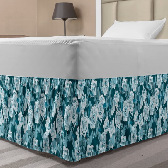 Floral Bed Skirt, English Roses Flower Old Style in Aquatic Tones Rustic Illustration, Elastic Bedskirt Dust Ruffle Wrap Around for Bedding Decor, 4 Sizes, Dark Teal and Multicolor, by Ambesonne