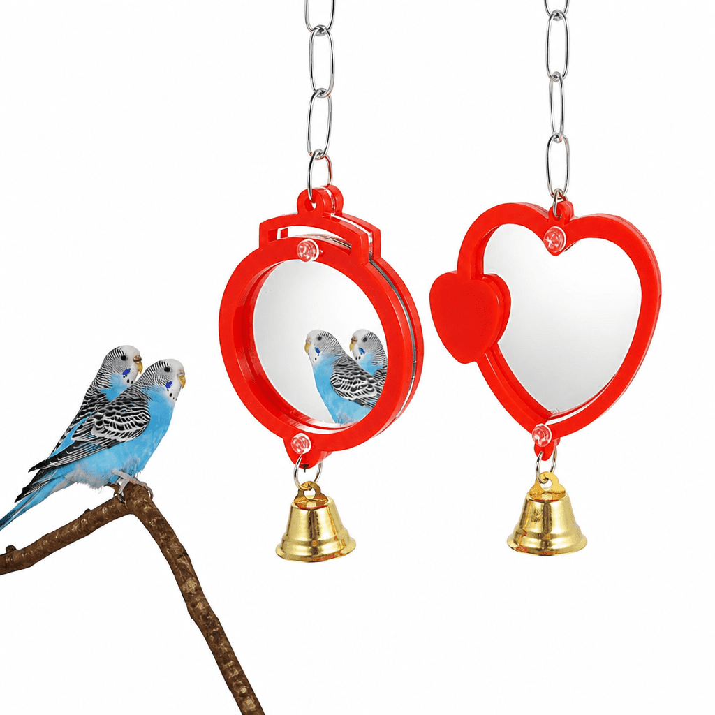 GARDVORA 2026 New 2Pcs Bird Mirrors with Bell,Parrot Hanging Round/Heart Shape Mirrors Interactive Playing Toy for Cockatiel Parakeets Canaries Budgie Cage Accessories