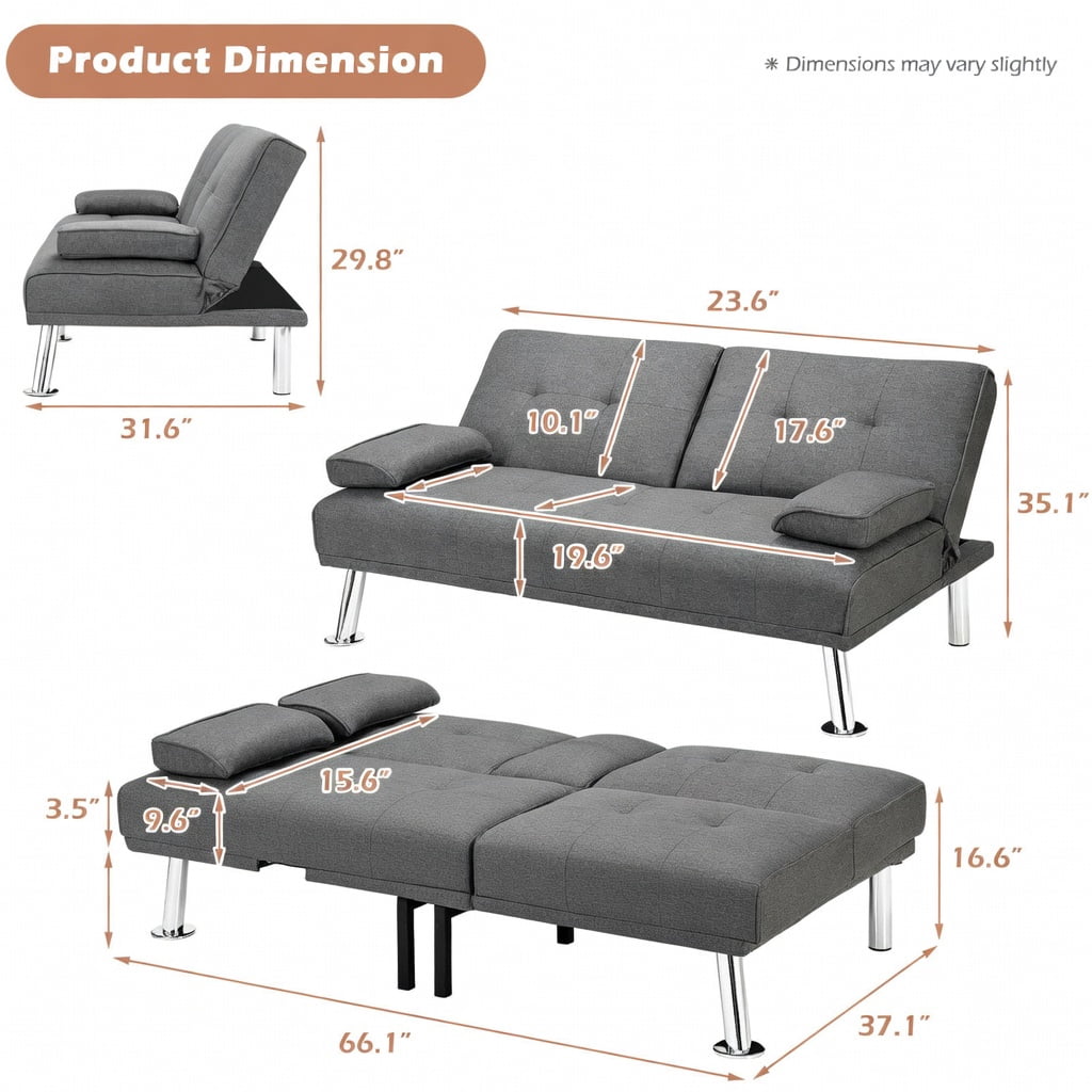 Demi Bonn Fold Sofa Bed Couch, Futon Sleeper Chair Guest Bed and Fold Out Couch, Convertible Folding Futon Sofa Bed Fabric with 2 Cup Holders, for Living Room, Bedroom, Light Gray