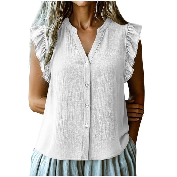 Womens Button Down Shirt Casual Ruffle Short Sleeve V Neck Textured Trendy Summer Tops Work Blouse (XL, White)