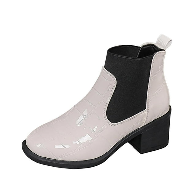 Birdeem Bottes d'Hiver pour Femmes à la Cheville, Mode Décontractée, Bout Rond, Cuir Verni Uni, Talon Bas Épais, Bottes d'Hiver pour Femmes, Bottes pour Femmes à Talon