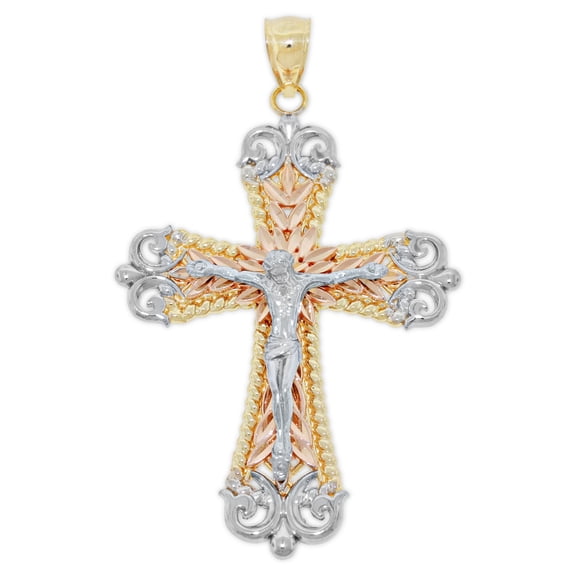 Charm America - Gold Fancy Crucifix Charm - 14 Karat Solid Yellow White and Rose Gold