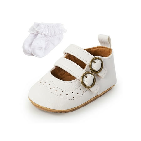 

Lacyhop Infant Princess Dress Shoe Prewalker Crib Shoes Comfort Flats Wedding Lightweight Retro First Walkers White with Sock 6C